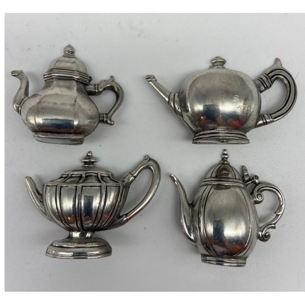 Pewter Teapot Place Card Holders Silver Vintage 1996 Set of 4